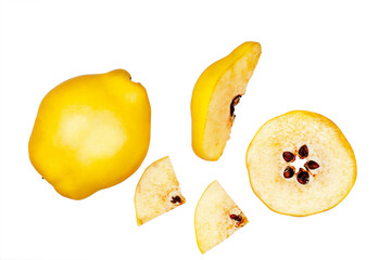 Quince and slices isolated on a white background, top view
