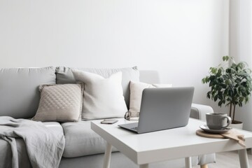 Home office for remote work. Observe laptop on white table with hot beverage. Mockup, flat lay, studio photo of a gray sofa with pillows in the backdrop against a light wall. Generative AI