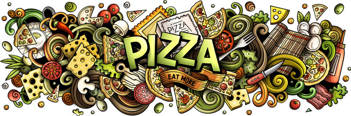 Fototapeta premium Pizza detailed lettering cartoon illustration