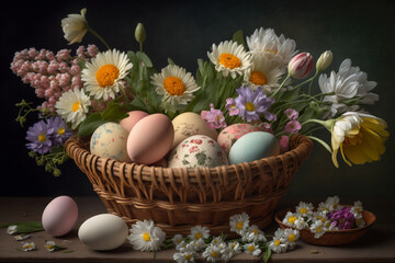 Obraz na płótnie Canvas easter basket with eggs and flowers, generative AI