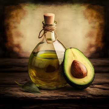 Bottle Of Avocado Oil With Avocado Nuts. Ai Generative