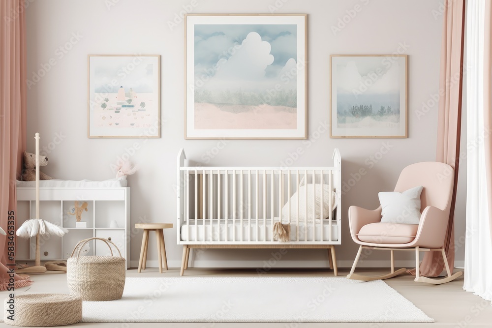 Poster Interior side view of a nursery featuring a crib, a chair, and a bedside table. On the wall, there are three vertically framed posters. a mockup. Generative AI