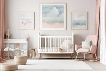 Interior side view of a nursery featuring a crib, a chair, and a bedside table. On the wall, there are three vertically framed posters. a mockup. Generative AI - obrazy, fototapety, plakaty