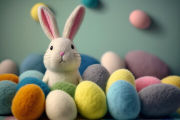 cute easter bunny with colorful wool felted eggs, generative AI