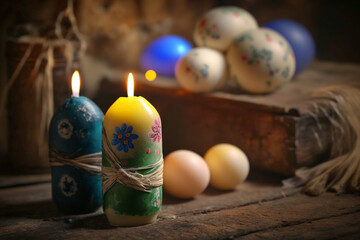 beautiful hand painted candles and easter eggs in a rustic setting, generative AI