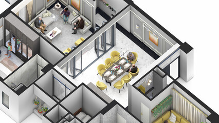 Furnished Family apartment isometric view 3d render