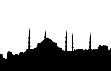 Black silhouette of The Blue Mosque in Istanbul Turkey.  Good for Turkey's tourism promo banner.