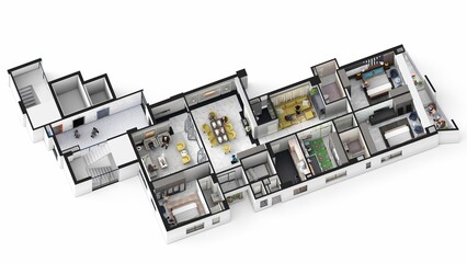 Four bedroom apartment isometric interior design 3d
