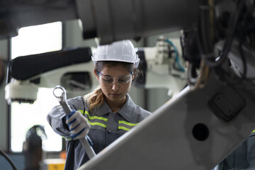 Industrial Manufacturing Robotic Arms Maintaining. Female engineer inspecting quality, repair, maintenance autonomous robotics arms for manufacturing lines in robotic assembly plant