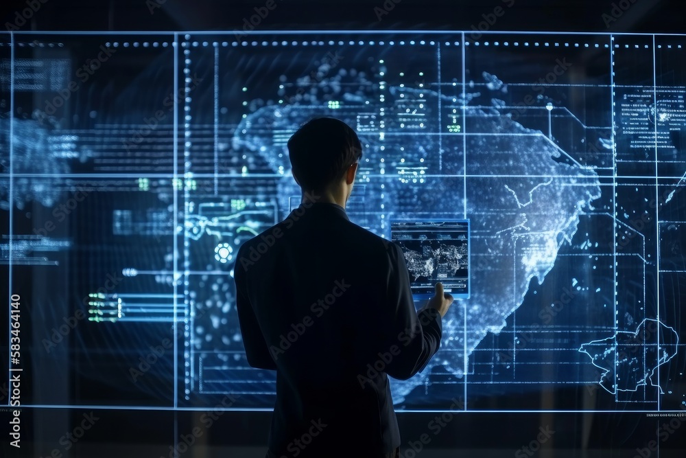 Poster businessman working with virtual panel with world map and data on it, generative ai