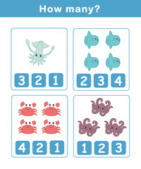 Fototapeta na wymiar Counting educational children game. Math kids activity sheet. How many counting game with cute sea animals.
