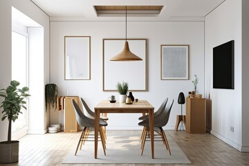 Interior of a contemporary dining area with a square blank poster on a white wall. clipping the poster's perimeter. Generative AI