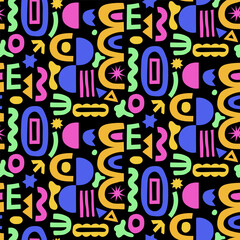 Fototapeta na wymiar Abstract seamless pattern with colorful geometric shape doodles on black. Simple random shapes in bright childish colors.