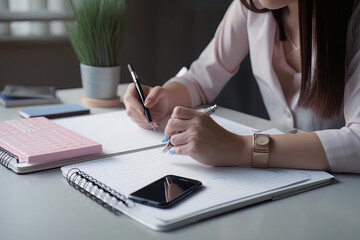 Event planner timetable agenda plan on organize schedule event. Business woman using mobile phone and taking note on calendar desk on office table