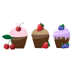 Set of three sweet tasty chocolate cupcakes with berries on white. Confectionery treat, brownie, blueberry, strawberry, cherry,