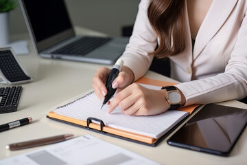 Event planner timetable agenda plan on organize schedule event. Business woman using mobile phone and taking note on calendar desk on office table