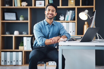Relax, manager and portrait of startup founder smile and sitting in company office excited for the future. Young, happy and professional business man, employee or worker feeling confident and proud - obrazy, fototapety, plakaty