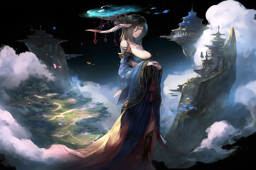 Illustrated fantasy image of a sexy girl wearing Hanfu, with an open collar and deep V-shaped neckline, revealing part of her chest and shoulders. She has a regal appearance. Ai