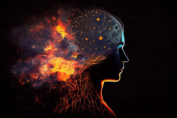 Silhouette of a man inside a fiery universe. AI generated