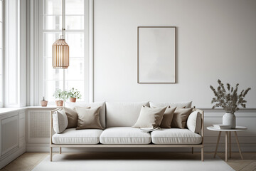 Modern interior design of living room with white sofa. Home interior with white wall and window. Mock-up. Generative ai