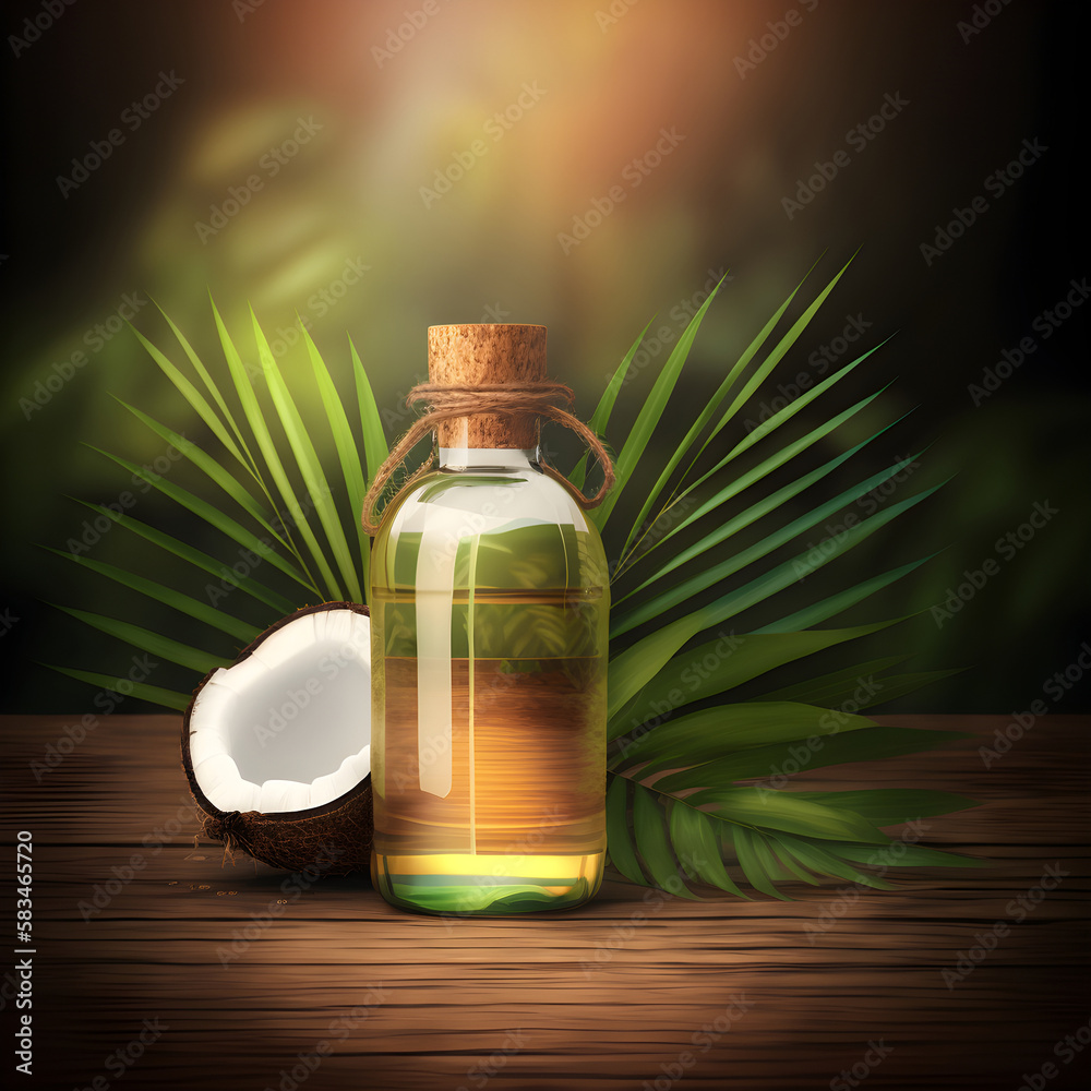 Sticker Bottle of coconut oil and coconuts on a background of green palm leaves.Ai generative