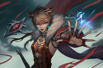 sexy warrior conjuring a powerful dragon power, and holding sword. The style is high fantasy with a focus on warrior and  intricate clothing and the intricate detailing in the dragon magic. Ai