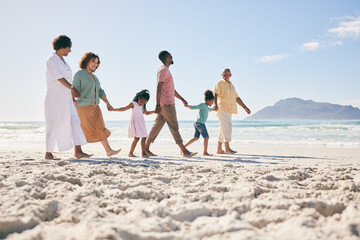 Holding hands, vacation and family on beach, walking and break to relax, happiness and ocean water...
