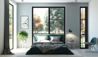 Modern interior design of bedroom with blue bed. Home interior with large window. Generative ai