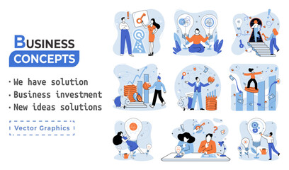 Fototapeta premium We have solution metaphor, business investment, new ideas solution scenes set. Teamwork and brainstorming. Team and new startup. Leadership and financial activities. Concept joint search for new ideas