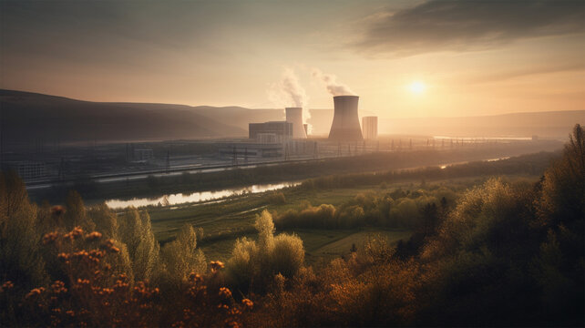 Kernkraftwerk K&uuml;hlt&uuml;rme in einer sch&ouml;nen Landschaft w&auml;hrend dem Sonnenuntergang, generative KI