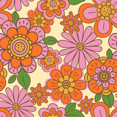 Fototapeta na wymiar 1970 Boho Vector Background. Colorful Floral Seamless Pattern. Groovy Daisy Pattern, hippie aesthetic. Psychedelic folk Wallpaper, Fabric, Wrapping paper, Tee shirt. Retro ethnic ornament. 