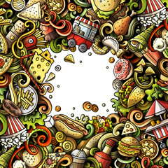 Fototapeta premium Fastfood detailed cartoon border illustration