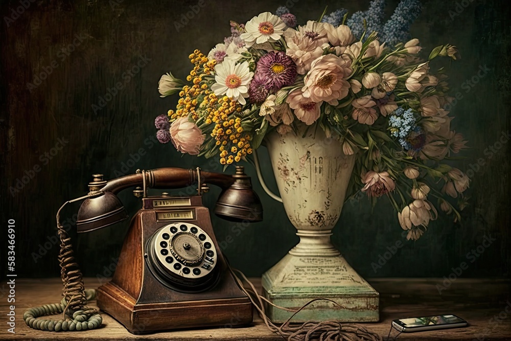 Wall mural a vintage flower bouquet in a rustic wooden vase on a distressed table with an old-fashioned telephone, created with generative ai