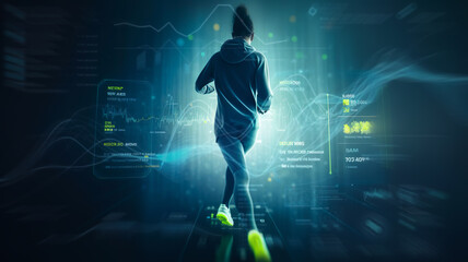  Exercise,runinung with digital technology or gadget system progarm.smart lifestyle with healthy concepts.Generative ai images