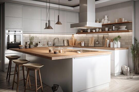 Kitchen counters in white and gray with an oven. Inside of a contemporary kitchen. Visualization of a cozy home. two exposure tonal picture. Generative AI