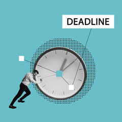 Businessman pushing clock symbolizing professional deadlines and project tasks. Time management....