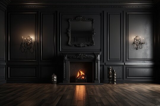 Wooden floor, wall panels, and fireplace in a contemporary classic black room. mock up of an illustration. Generative AI