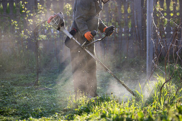 Lawn mover on green grass. Machine for cutting lawns.