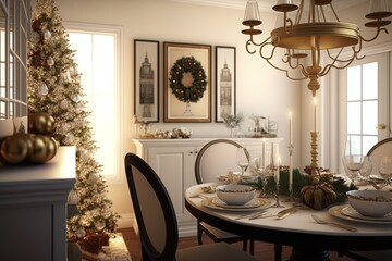 Dining room and table with festive decoration, generative AI
