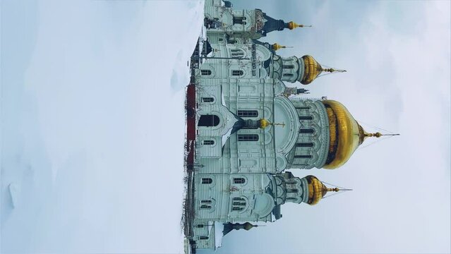 Belogorsky St. Nicholas Orthodox Missionary Monastery. Russia, Perm Krai, Belaya Gora. The temple on the hill in winter. Monastery on the background of snow. 4K
