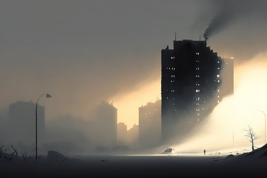 early morning silhouetted buildings in smoke winter, generative AI