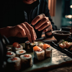 Traditional sushi chef prepairing fresh sushi for dinner, generative ai