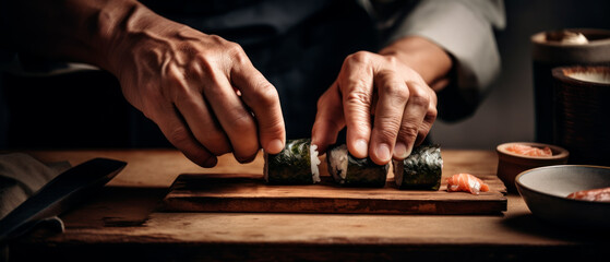 Traditional sushi chef prepairing fresh sushi for dinner, generative ai