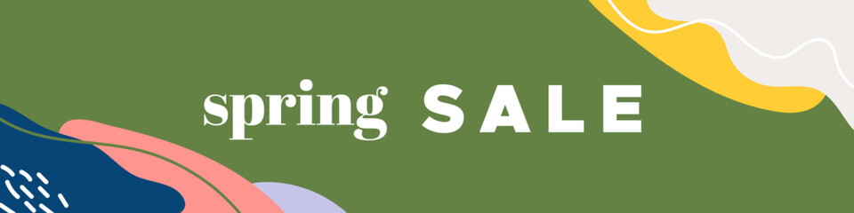 Spring sale colorful horizontal banner. Abstract organic shapes background. For newsletter, web header, social media post and advertising. Vector illustration, flat design