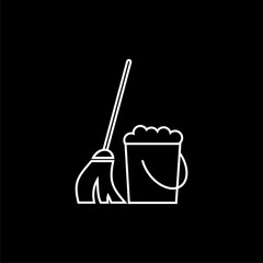 Cleaning bucket with sponge line icon isolated on black background