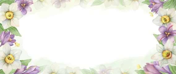 Watercolor vector floral banner with flowers, branches and .leaves.