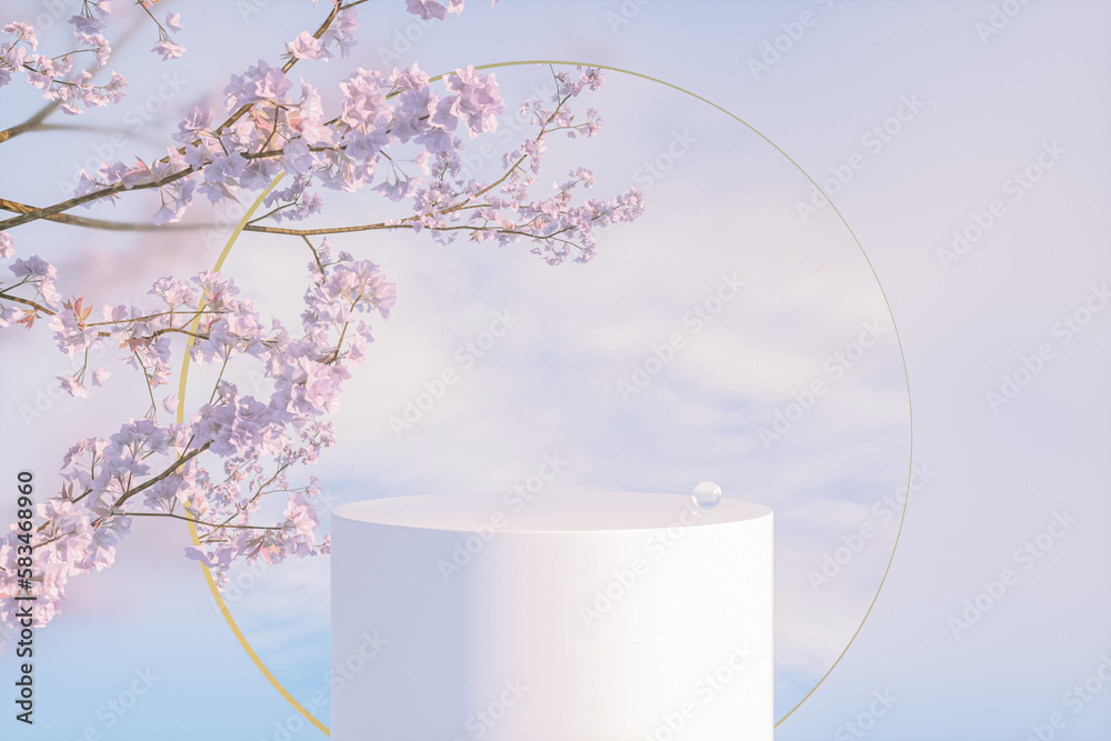 Poster natural beauty podium backdrop with spring sakura cherry blossom tree branch. 3d rendering.
