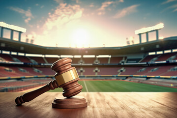 Gavel justice gavel with a sports stadium background. Law in sport. Sports law. Taxes on sports transfers. Soccer, football, baseball, track and field... Copy space. Generative AI - obrazy, fototapety, plakaty