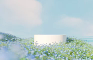 Poster Natural beauty podium backdrop with spring blue flowers landscape scene. 3d rendering. © mim.girl