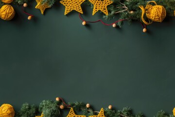 With a garland composed of knitted yellow stars, fir tree twigs, and red berries, this composition celebrates Christmas and the New Year. Generative AI